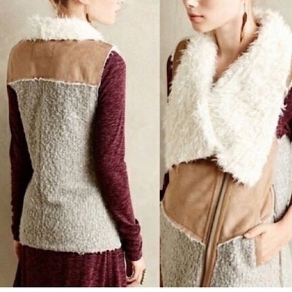 ii Sisters Furry Wool Blend Suede Sherpa Vest Tan Gray & Winter White Offset Zip - Picture 14 of 14